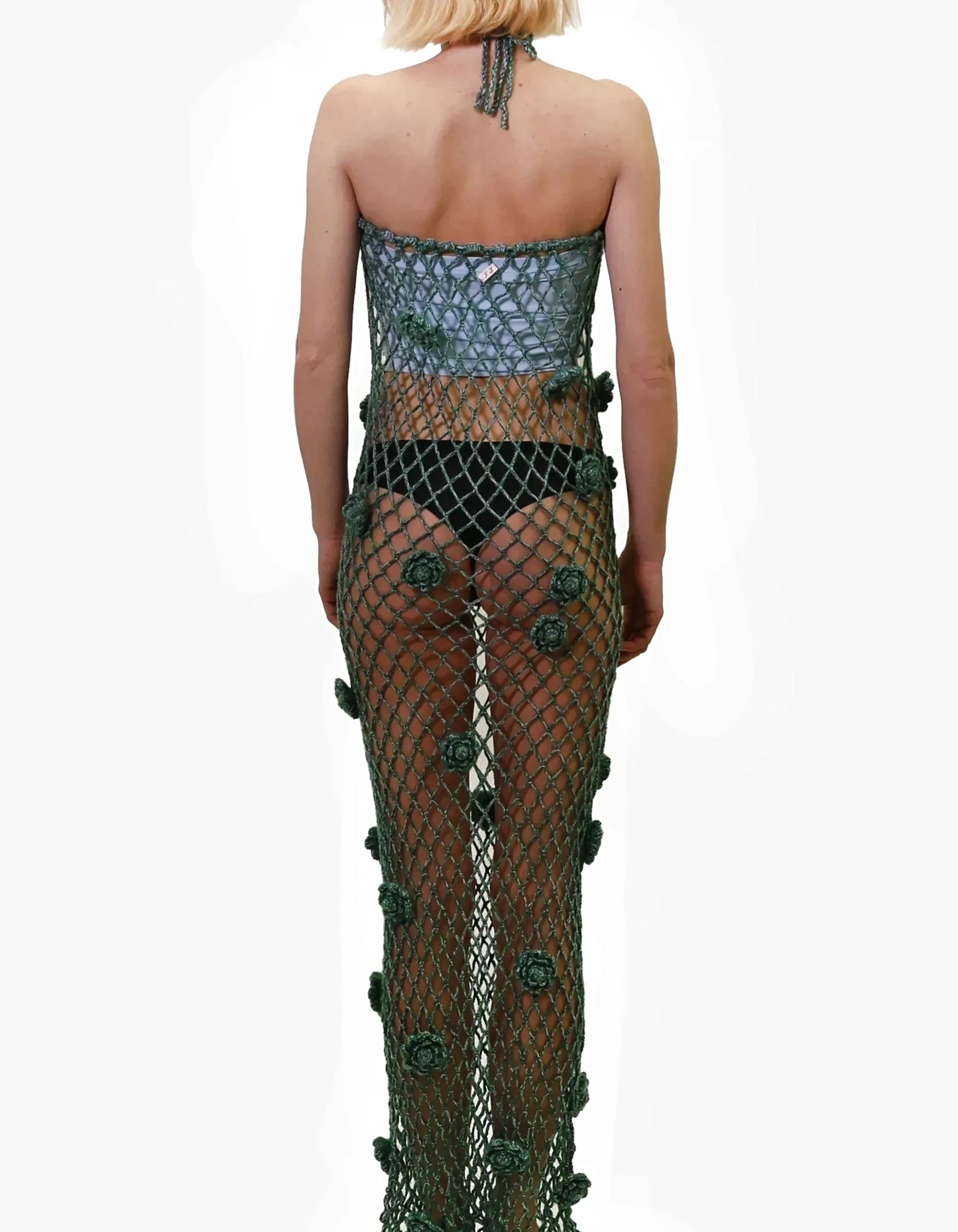 Afërdita | green roses net crochet dress with drawstring