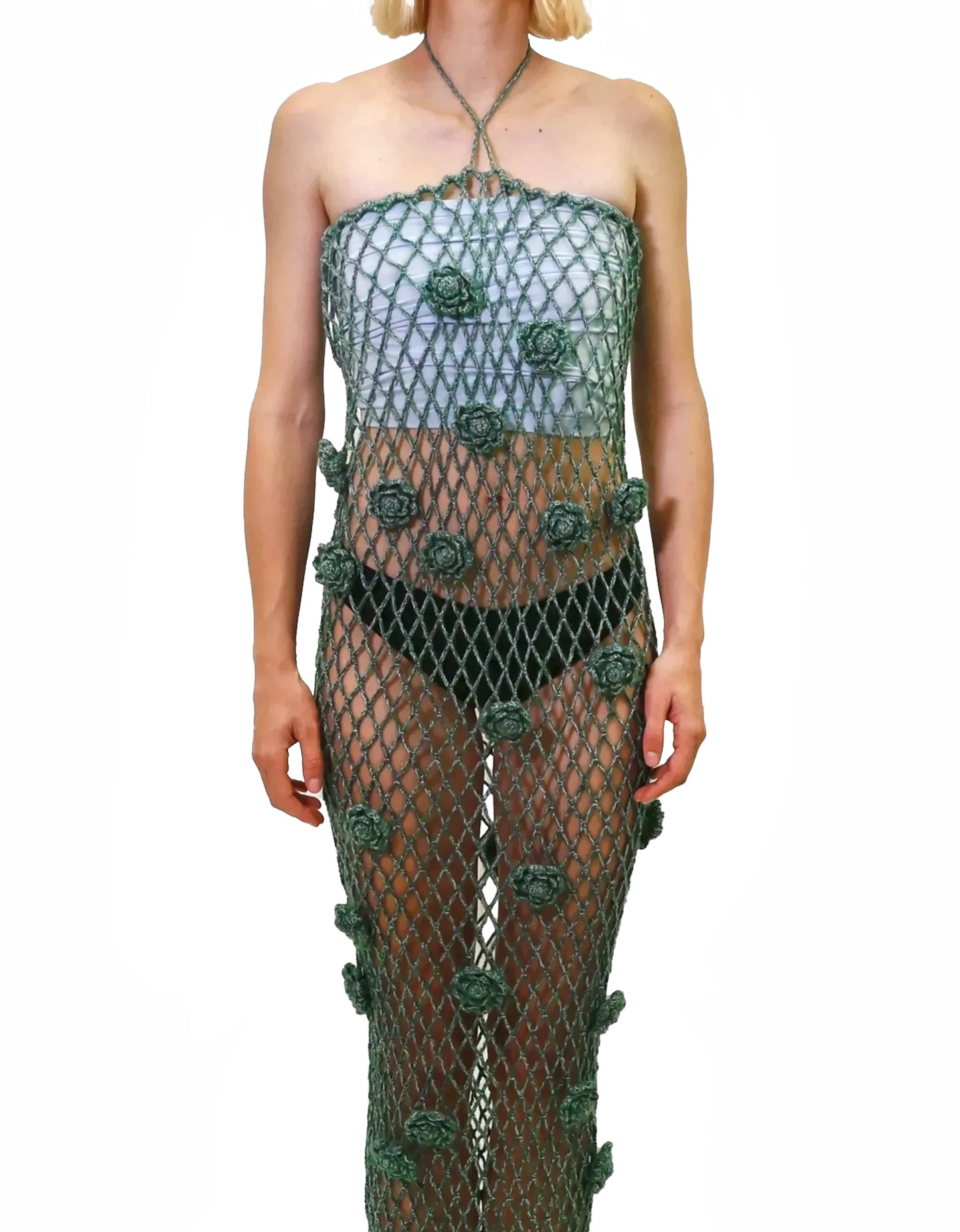 Afërdita | green roses net crochet dress with drawstring