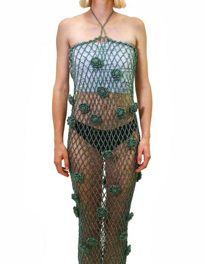 Afërdita | green roses net crochet dress with drawstring