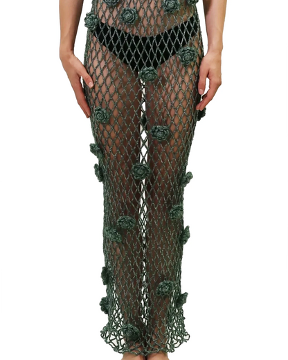 Afërdita | green roses net crochet dress with drawstring