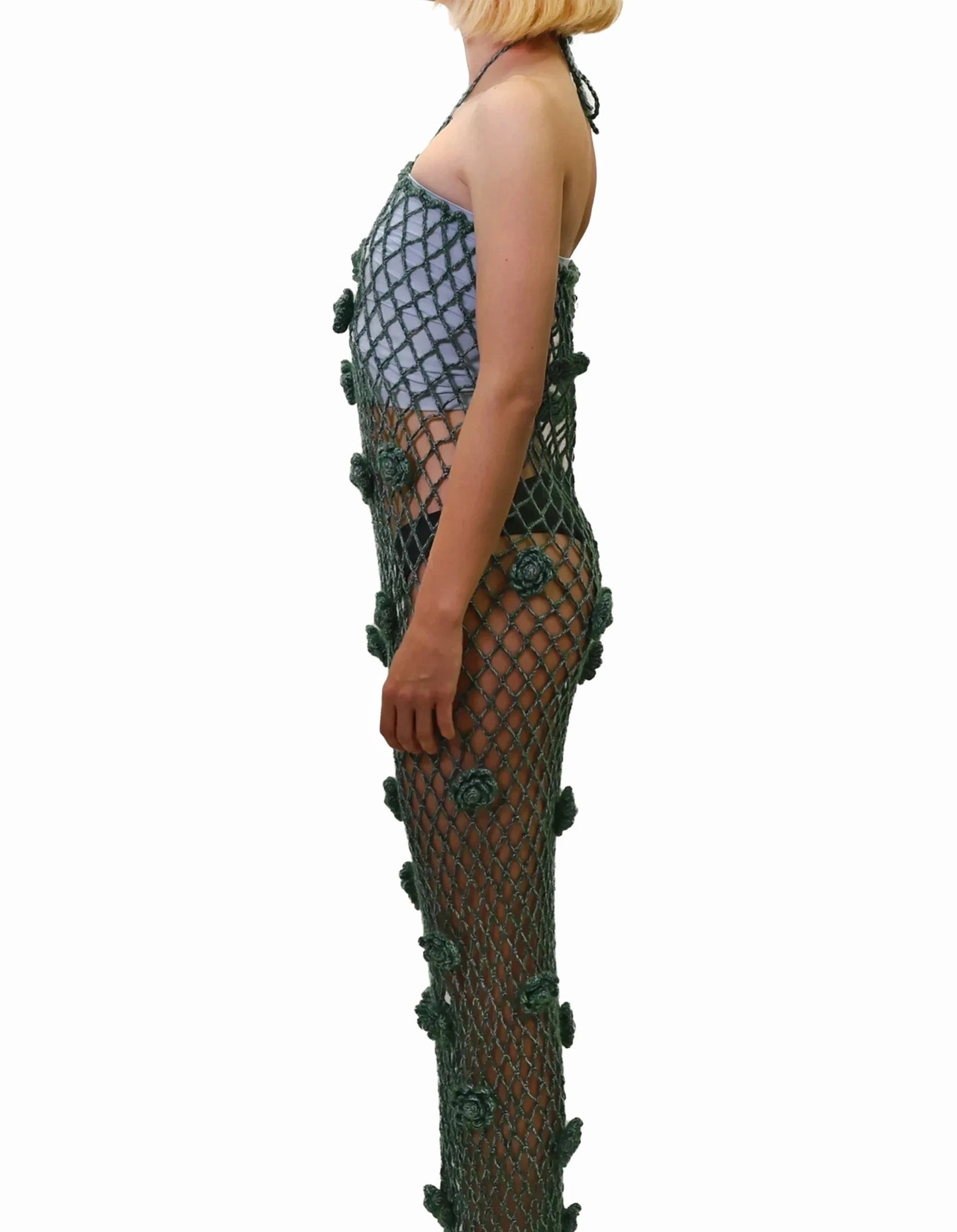 Afërdita | green roses net crochet dress with drawstring
