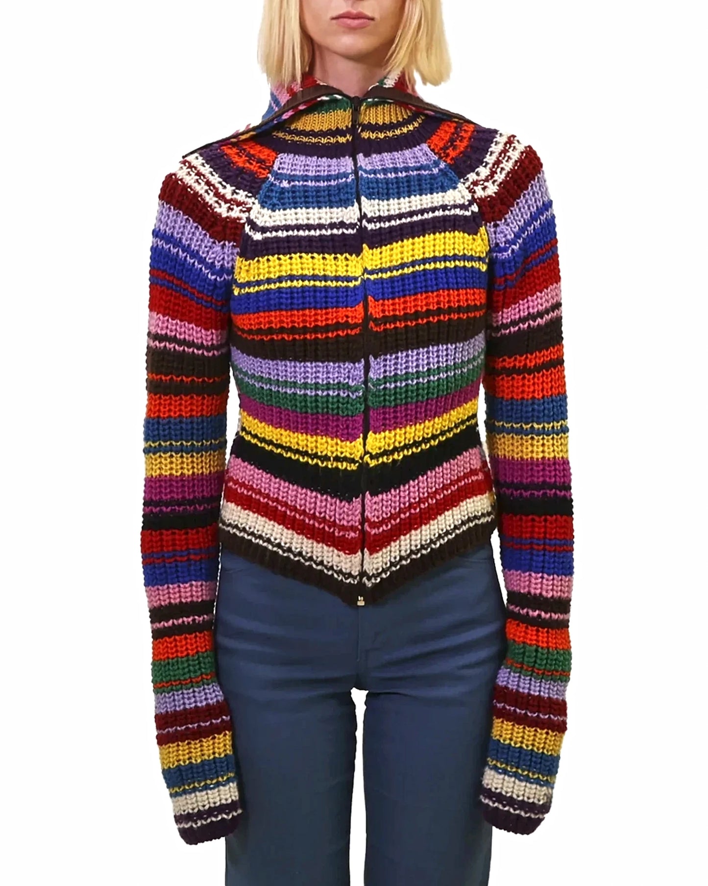 Shqipe | long turtle rib stripe knit cardigan with zip