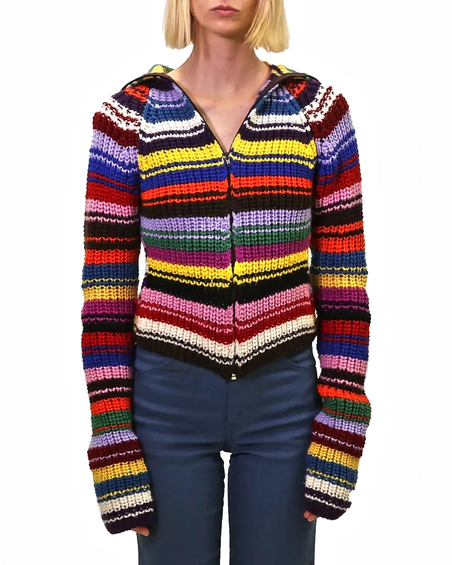 Shqipe | long turtle rib stripe knit cardigan with zip