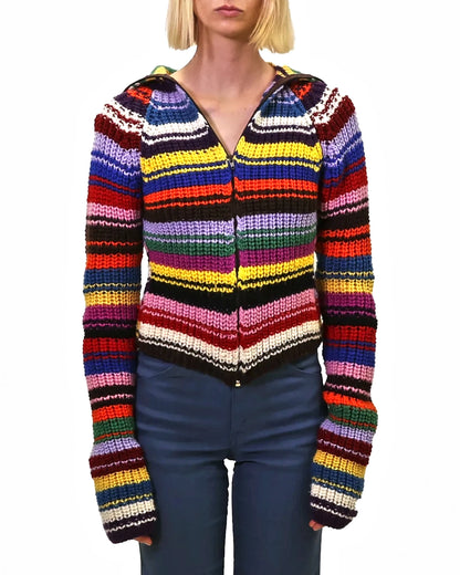 Shqipe | long turtle rib stripe knit cardigan with zip