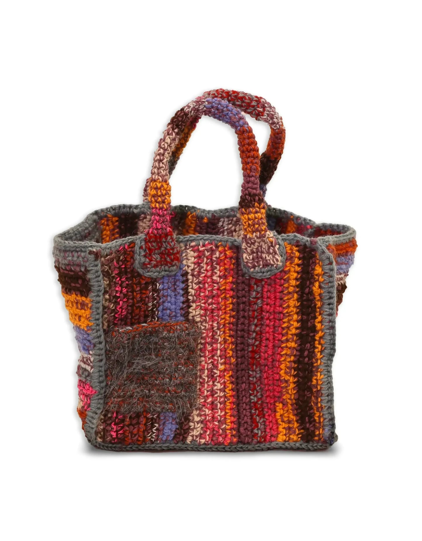 Njomza | stripe crochet bag with little gray fluffy pocket