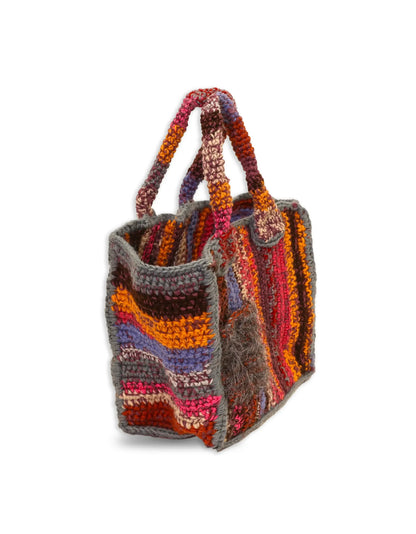 Njomza | stripe crochet bag with little gray fluffy pocket
