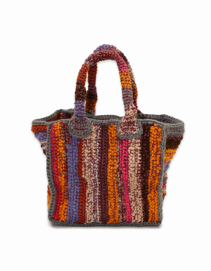 Njomza | stripe crochet bag with little gray fluffy pocket