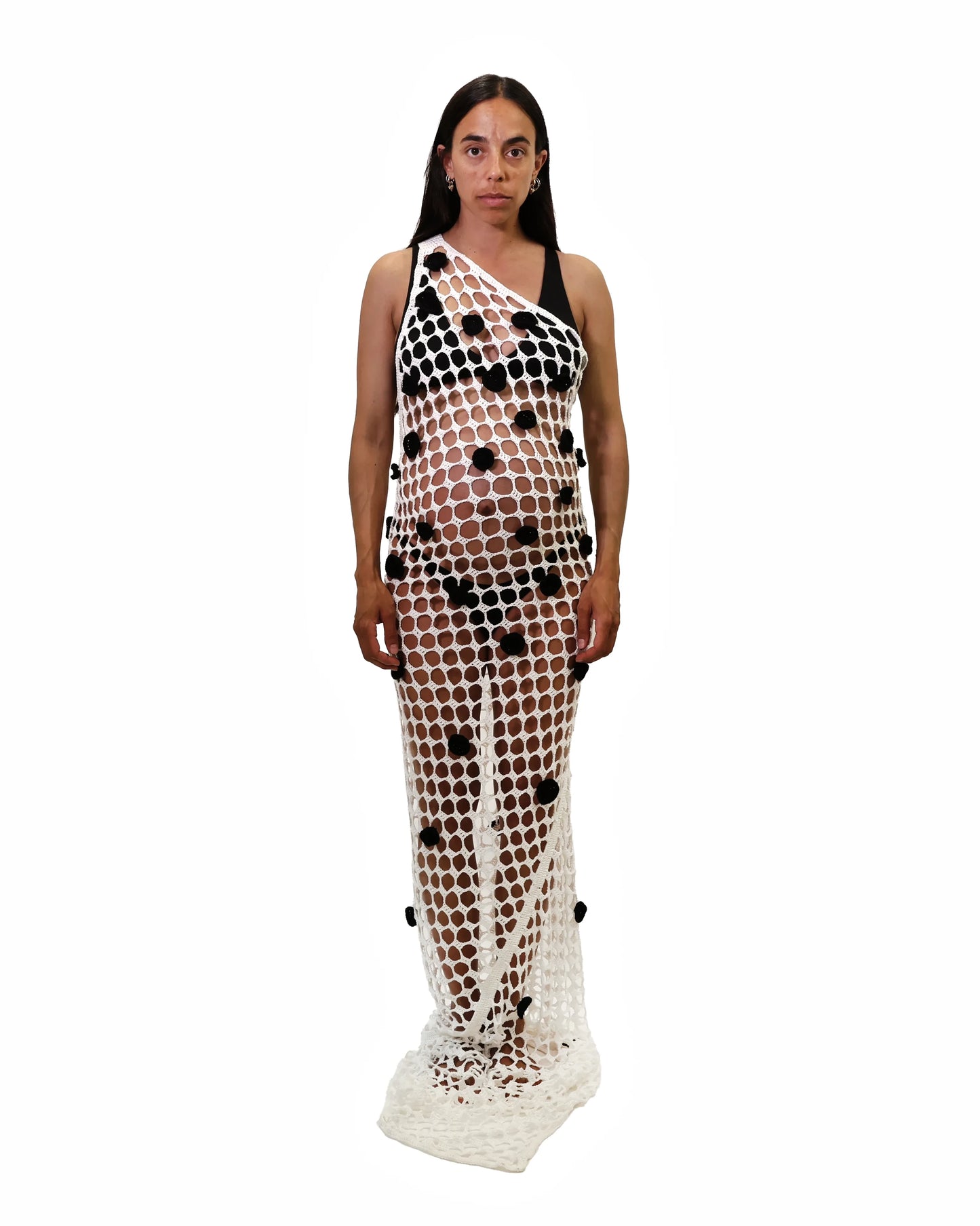 Drita | asymmetric one shoulder honey comb crochet dress with dots