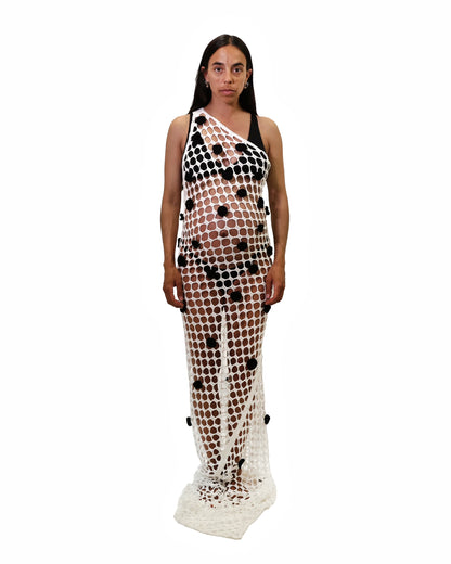 Drita | asymmetric one shoulder honey comb crochet dress with dots