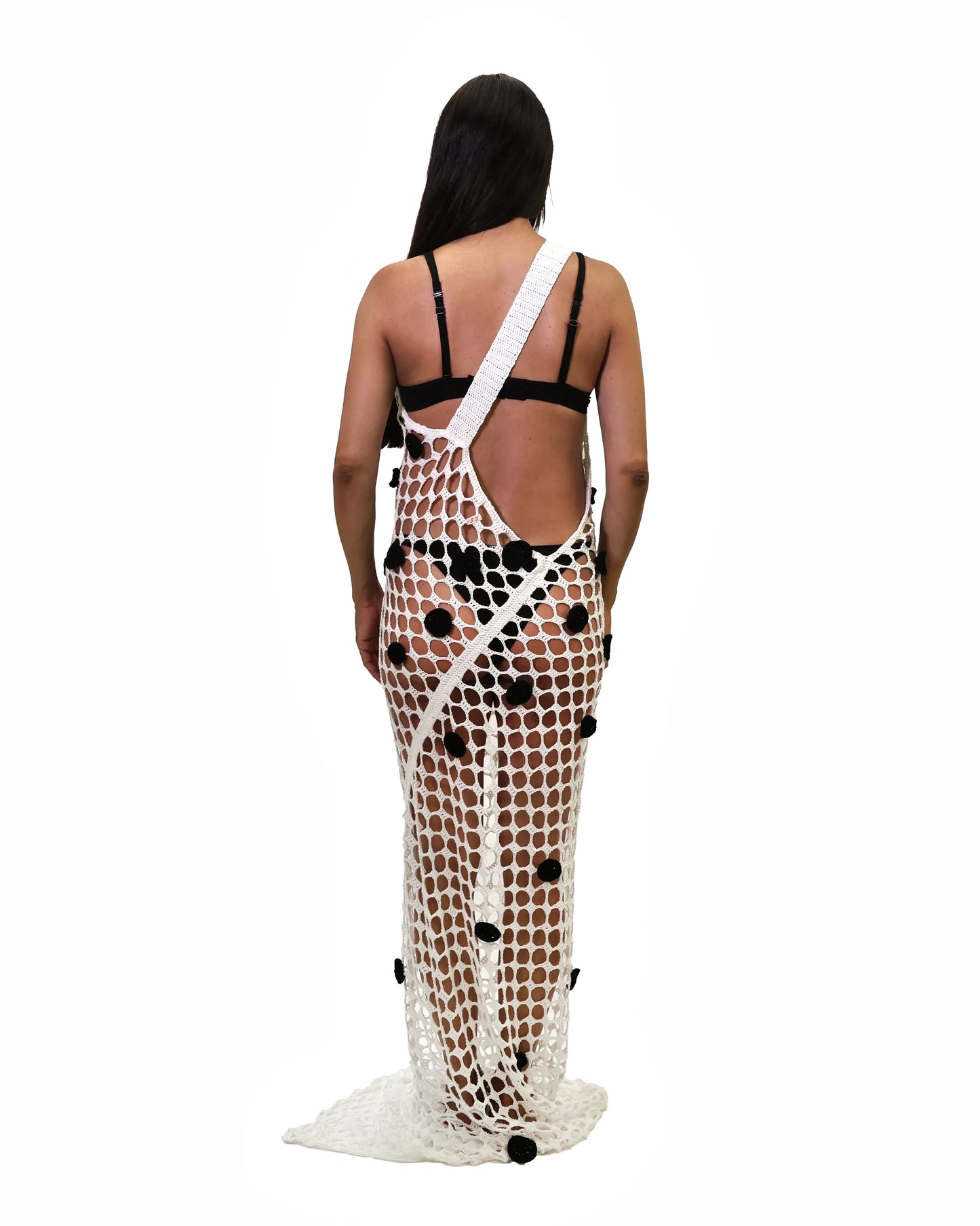 Drita | asymmetric one shoulder honey comb crochet dress with dots