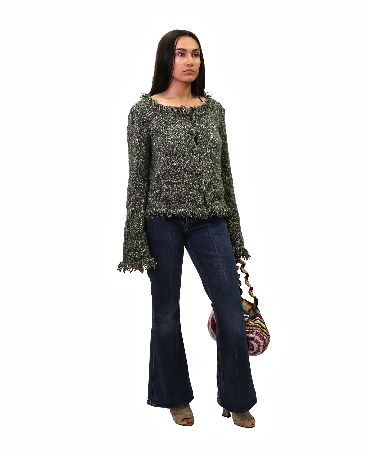 Floriana | mélange plain knit with cardigan fringes and pockets