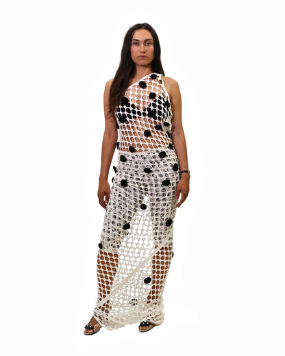 Drita | asymmetric one shoulder honey comb crochet dress with dots