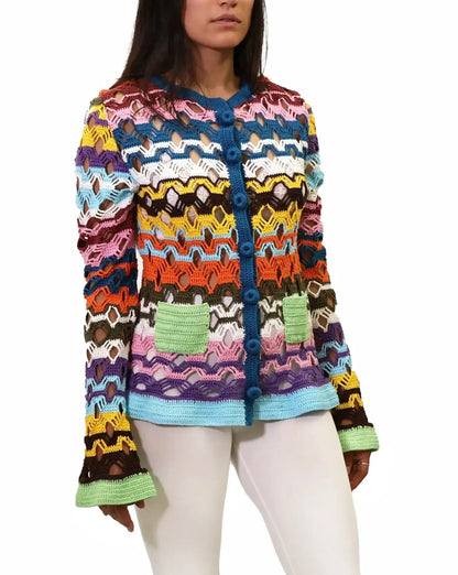 Besa | striped crochet bias vichy cardigan with matching buttons